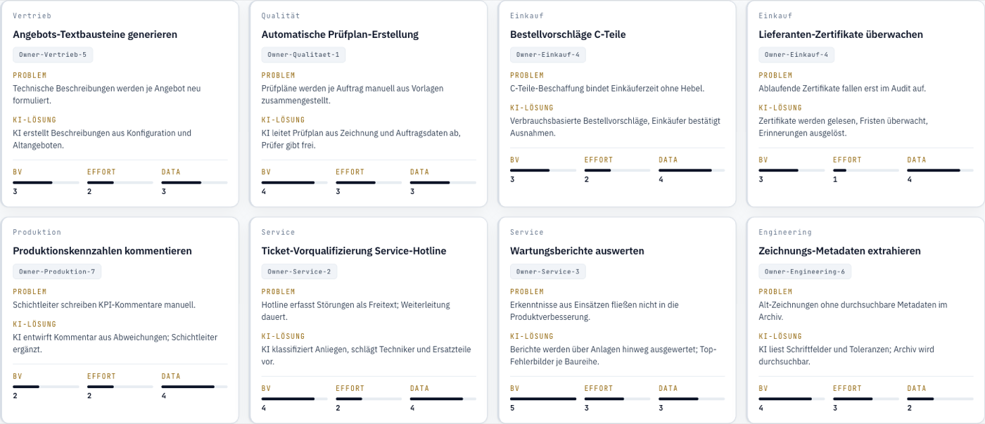 Granalis Via: use case cards with scores and evidence